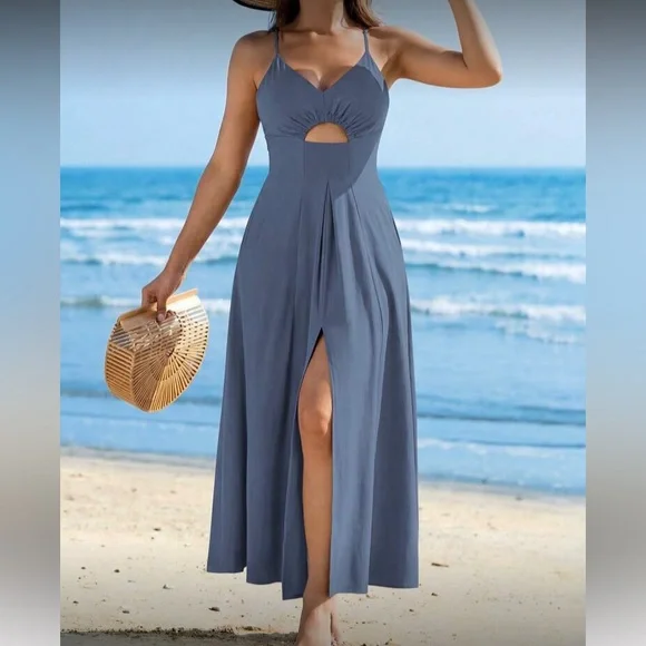 Blue Cutout Maxi Dress with Slit - Picture 5 of 6